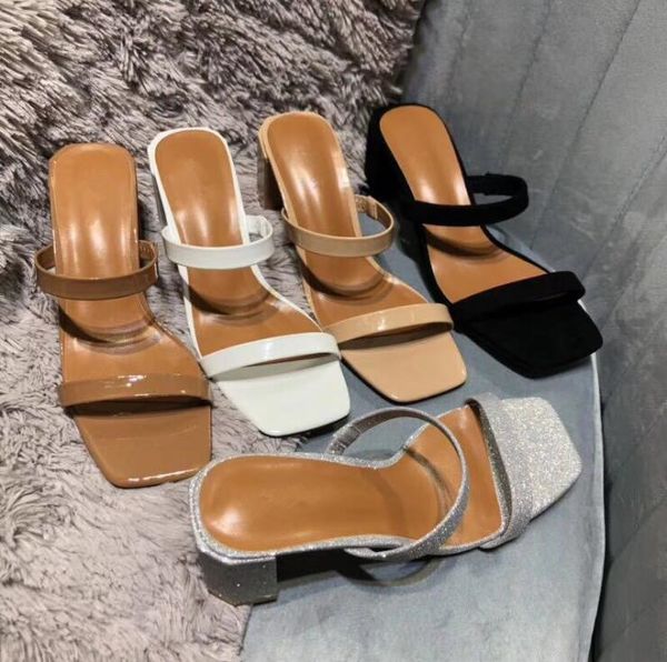 

sandals 2021 women spring/summer medium-heeled plus size thick heels with square head wild beach slippers outdoor banquet, Black
