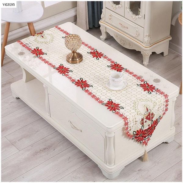 

vezon new christmas embroidery red table runner satin embroidered xmas candle tablecloth cutwork table er towel cloth covers y200421