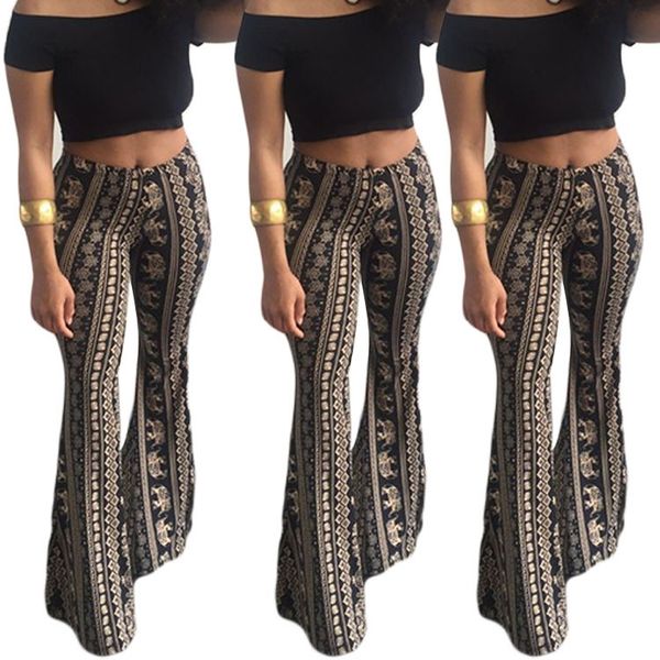 

boho печать высокой талией длинные брюки стрейч клеш брюки женские тонкий клеш брюки новые, Black;white