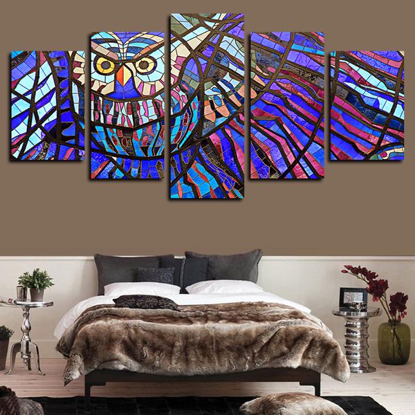 

5 panels animal owl pattern artworks giclee canvas wall art for home decor abstract poster hd canvas print oil painting
