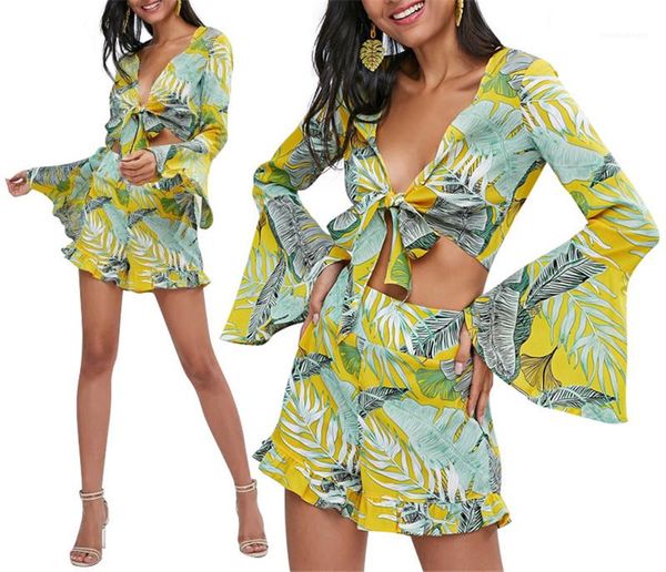 

tracksuits women flare sleeved printed 2 piece shorts dark v neck fashion womens tracksuits beach holiday designer, White