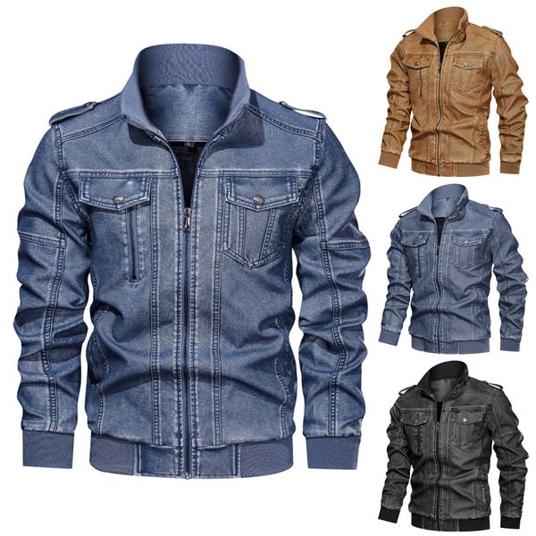 

men's denim jacket big size solid causal washed leather jacket with stand collar hombre, Black;brown