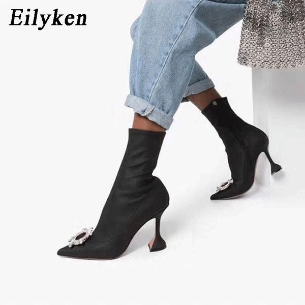 

eilyken autumn winter stretch ladies ankle boots pointed toe diamond crystal zipper high heels women stiletto boots, Black