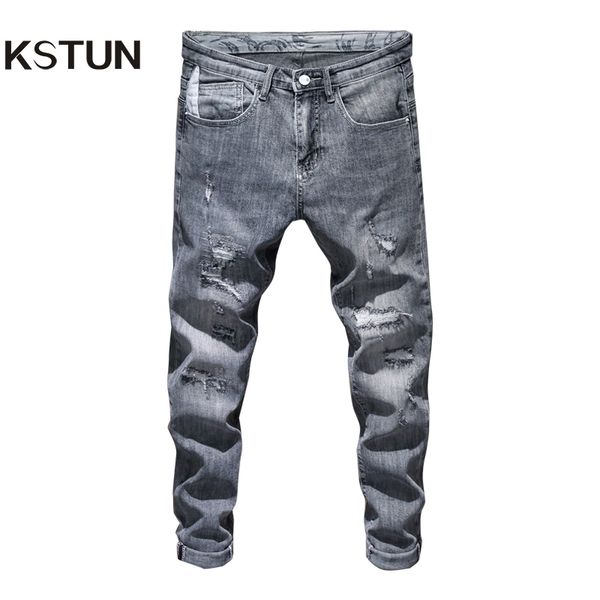 

мужские рваные узкие джинсы серый светло голубой эластичность high street wear хип хоп лоскутное байкер джинсы мужские джинсовые брюки потер, Blue