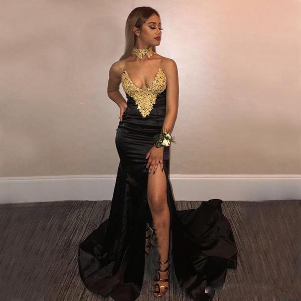 

new design 2k18 black prom dresses with gold lace mermaid front split plus size african arabic long party evening wear gowns