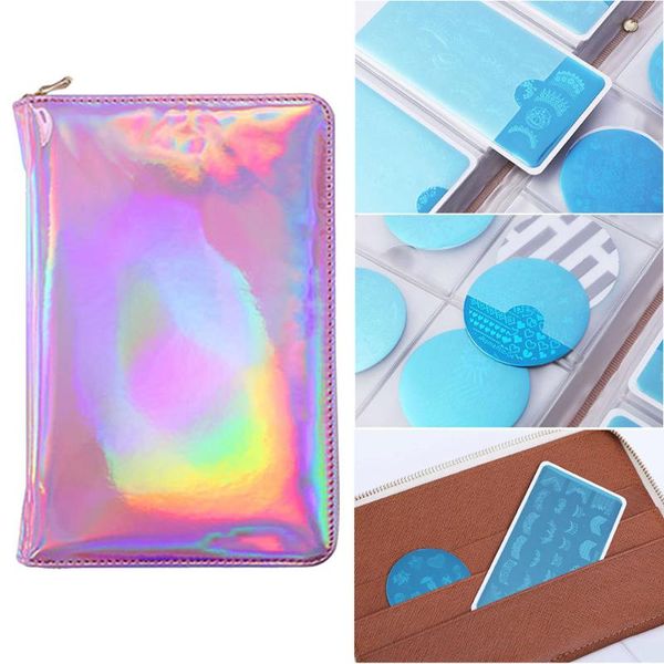 

72 slots plate holder case pink portable holographic stamp round storage bag package organizer nail art rectangle silver