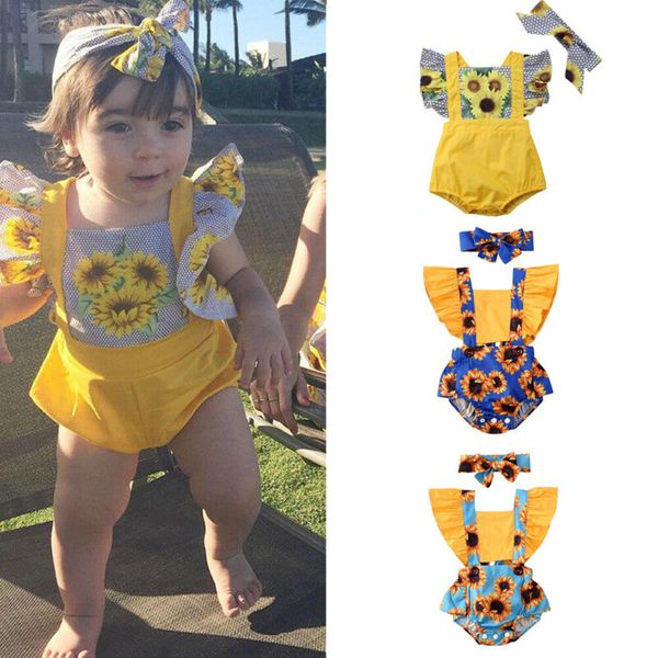 

newborn infant baby girl sunflower bodysuit headband outfits clothes set floral jumpsuit play wear sunsuit, Blue