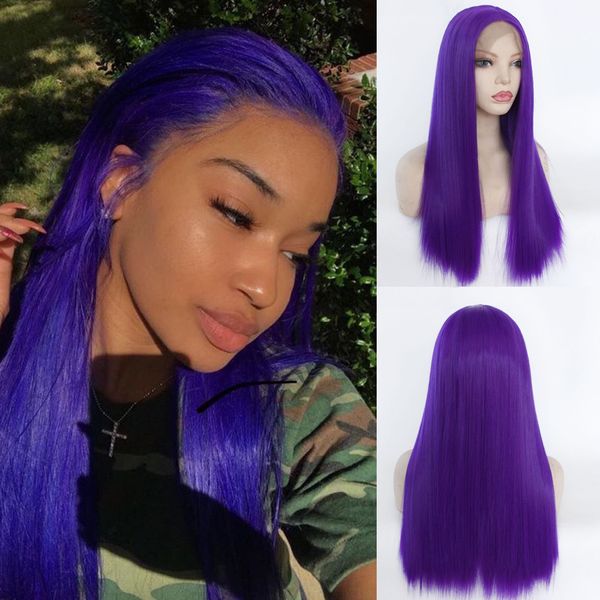 

26''purple длинные прямые кружева фронтальная парик glueless silky синтетические парики волос для черных белых женщин термостойкое synthetic, Black