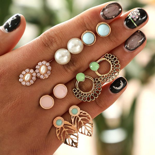 

2019 fashion elegant 6 pairs/set women's pearl flower crystal studs earrings girls elegant rose flower heart ear jewelry gift, Golden;silver