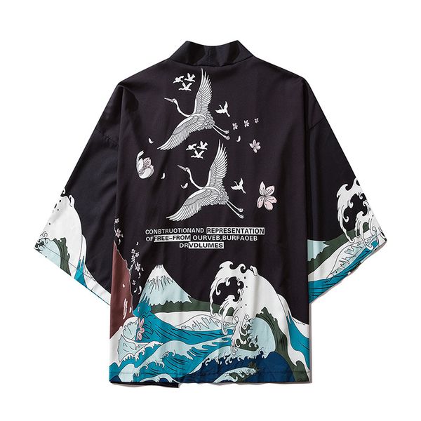 

men's casual shirts male japan retro pattern bird print cardigan men streetwear fashion hip hop loose short sleeve kimono, White;black