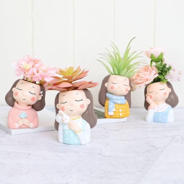 

Little Warm Girl Planter Set - 4pcs Resin Succulent Plants Planter Pot Mini Bonsai Cactus Flower Pot Home Decor Rabbit Craft