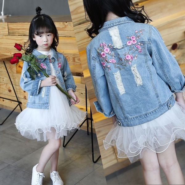 

2019 children's denim jacket for girls toddler spring embroidery casual hole jeans coat outfits kids clothes girls 8 to 12, Blue;gray
