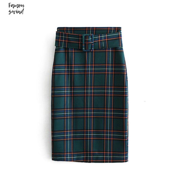 

fashion women plaid polyester skirt vintage elegant ladies skirt green with belt mujer mid calf skirts 6a77, Black