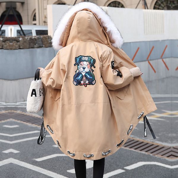 

fur collar hooded parka woman 2020 cartoon print ribbons winter thick parka loose beige cotton-padded clothes qyf1343, Black