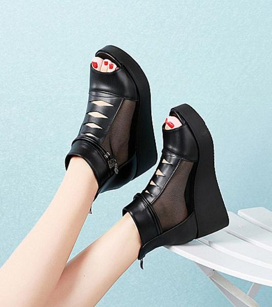 

2019 women's sandals in summer with new style high heel coarse heel slope heel thick bottom waterproof table @84, Black