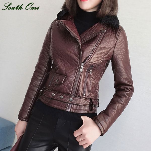 

women's fur leather jacket winter coat female moto outwear lapel collar coat jaquetas couro veste cuir femme chaqueta piel mujer, Black