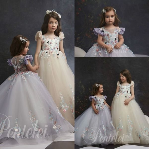 Festa de aniversário Bola lindo vestido Flower Girl Dresses Jewel mangas Lace Applique Sequins Ruffles Pageant vestido até o chão da menina