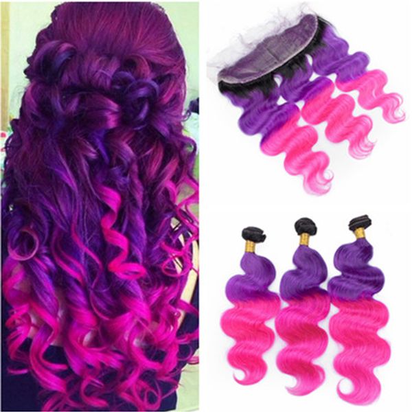 2019 Brazilian Human Hair 1b Purple Pink Ombre Weave Bundles Body