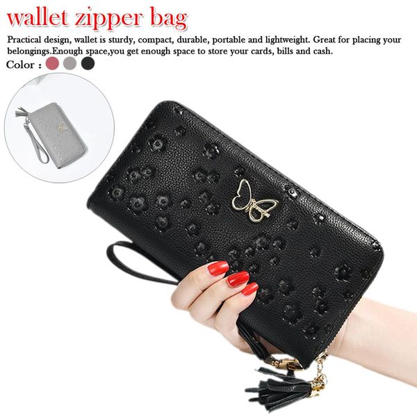 

large capacity women thin wallet new pu leather solid color floral butterfly tassel women purse phone wallet long card bag, Red;black