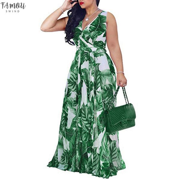 

bohemian floral print long dress for women plus size v neck high waist bandage bow tie maxi sundress beach party vestidos, Black;gray