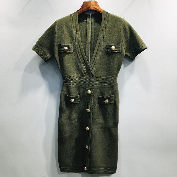 

women's sweater 2020 spring new short-sleeved knitted dress metal buttons was thin deep v-neck package hip zipper a word skirt size s-l, White;black