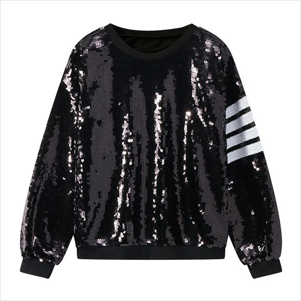 

2019 new women hoodies o-neck long sleeve sequins sweatshirts loose women hoodies pullover femme fashion punk style, Black
