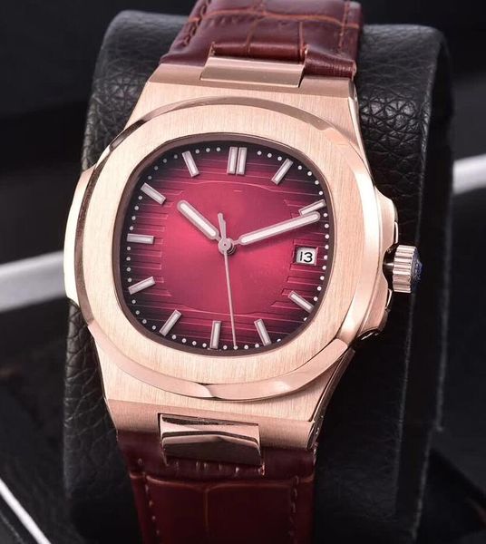 

4 color luxury nautilus mens date watches 40mm leather bracelet 18k rose gold mechanical automatic movement men's wrist watches, Slivery;brown