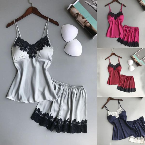 

v-neck lace flower womens sexy-lingerie sleepwear satin silk babydoll nightwear pajamas set 2pcs soft smooth comfy sleepwears, Blue;gray