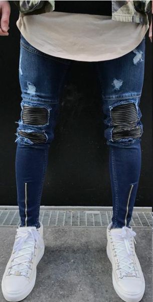 

mens jeans france style men moto biker jeans straight slim fit denim pants distressed blue pencil pant