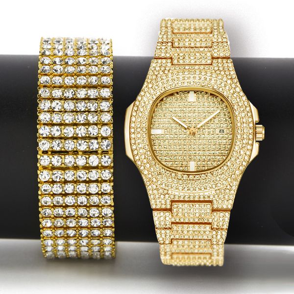 

men hip hop iced out bling simulated lab cz gold silver watch & zircon bracelet gift set