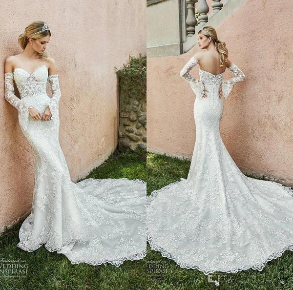 

elegant 2020 full lace mermaid wedding dresses detachable long sleeve off shoulder bridal gowns sweep train custom made robes de mariée, White