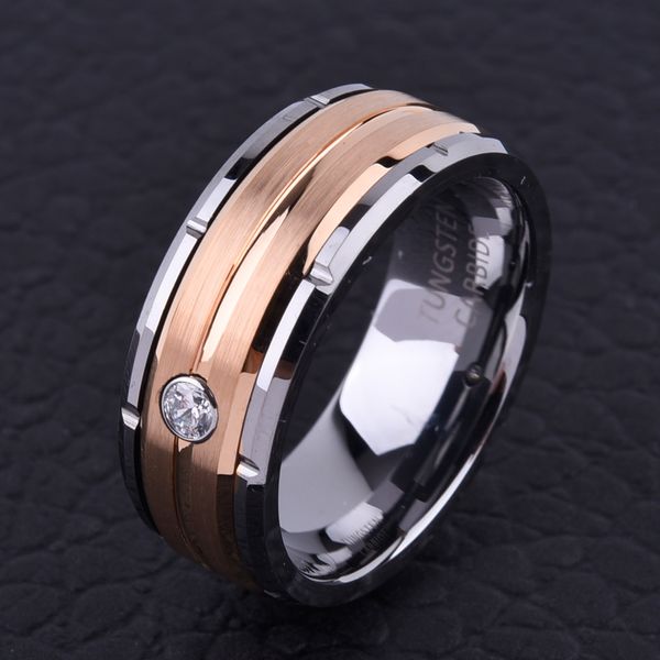 Alma Homens 8mm Homens Tungstênio Carboneto Casamento Anel de Prata Rosa Gold Cz Anel de Pedra Para Mulheres Presente de Aniversário de Design Especial