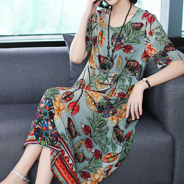

plus size elegant chiffon silk dress 2019 summer casual vintage o neck women dresses fashion patchwork print dresses vestidos, Black;gray
