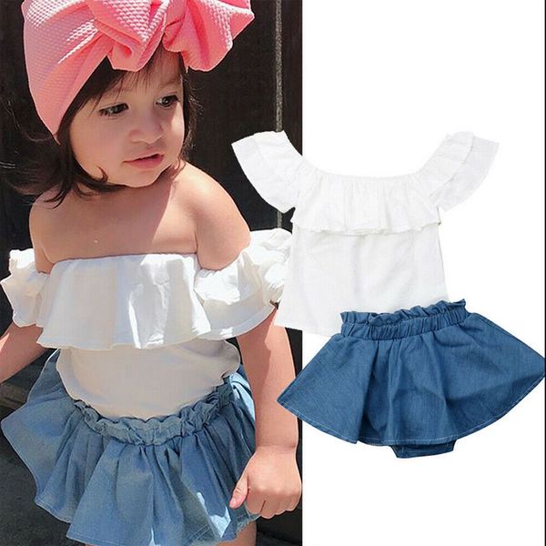 

baby girls clothes floral lace +denim skirt pants set 6m-3t tube kid ruffled sleeve solid skirt set, White