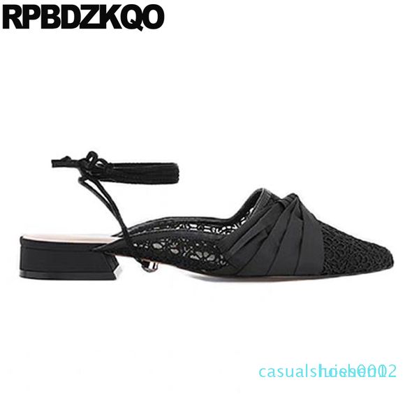 

closed toe ladies shoes fashion chunky pointed lace ankle strap low heel black block thick designer sandals women luxury 2019 l02