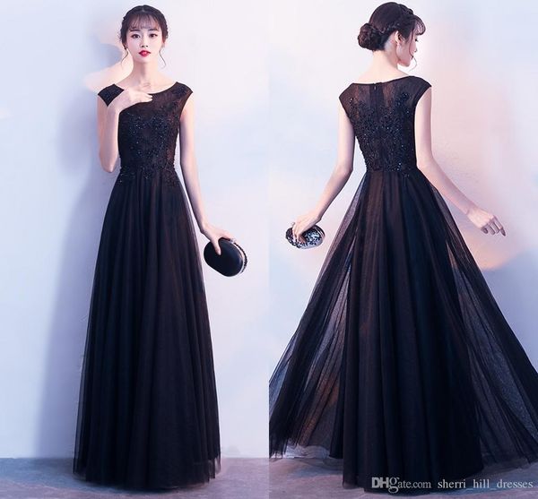 

2020 new black lace elegant a-line evening dresses lace applique shoulder bridesmaid long party prom dresses dh090, Black;red