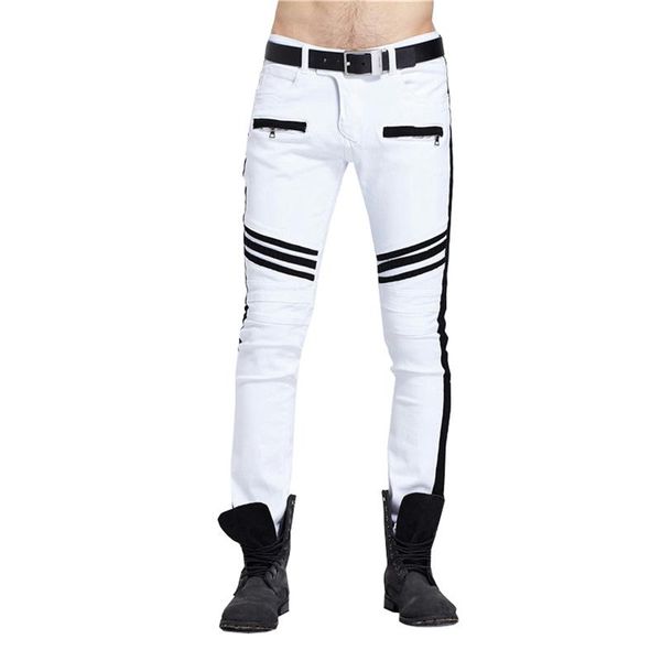 

white jeans men slim pants hip hop mens european designer biker for men pencil pants plus size, Blue