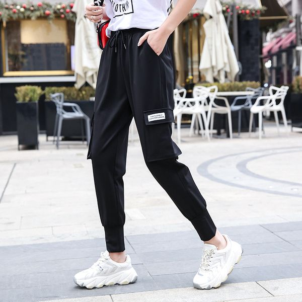 

2019 bf style elastic high waist cargo pants for women pantalon long trousers women casual cargo pants femme harme workout, Black;white