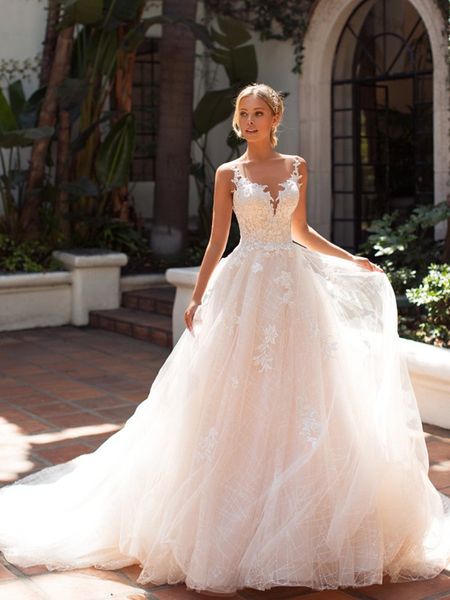 

2020 Очаровательная Мода Тюль Vestido Boho Принцесса Иллюзия Шампанское Свадебные Плать