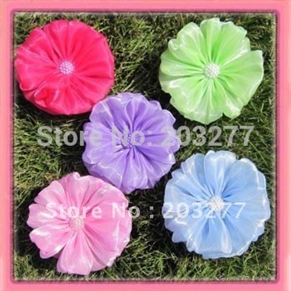 

31/2'' 12pcs/lot hair flowers hair clip big organza flower fabric flower with aligator clip and brooch pin, Golden;white