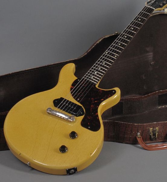 Custom Shop 1959 Junior DC TV Yellow Relic E-Gitarre, einteiliger Mahagonikorpus, Hals, P-90 Dog Ear Pickup, weinrotes Perlmutt-Schlagbrett