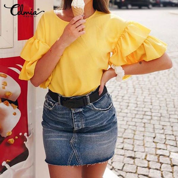 

oversized celmia women summer ruffles blouse 2019 fashion half sleeve o neck casual shirts loose solid blusas femininas 5xl, White