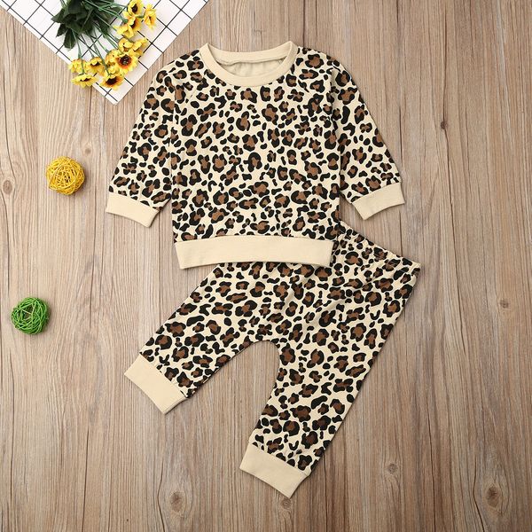 

2020 baby spring autumn clothing 2pcs toddler baby kid girl clothes sweatshirt pants outfits leopard tracksuits, White