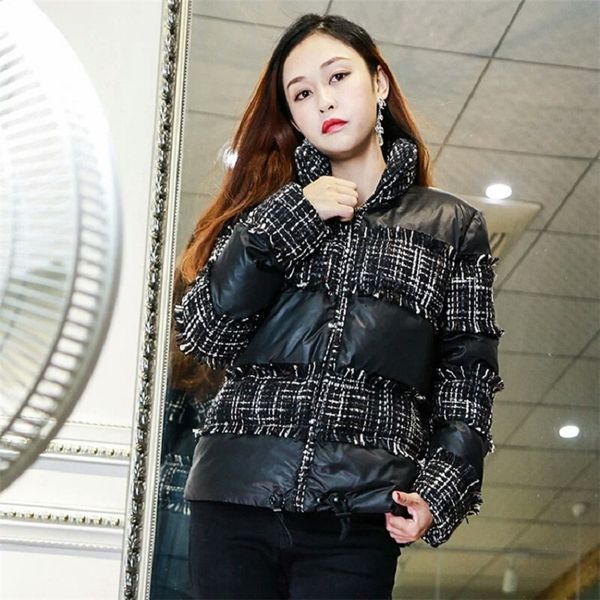 

winter quilted thick warm parkas high-neck tweed fringe stitching padded feather cotton clothing 2018 new fashion parkas, Black