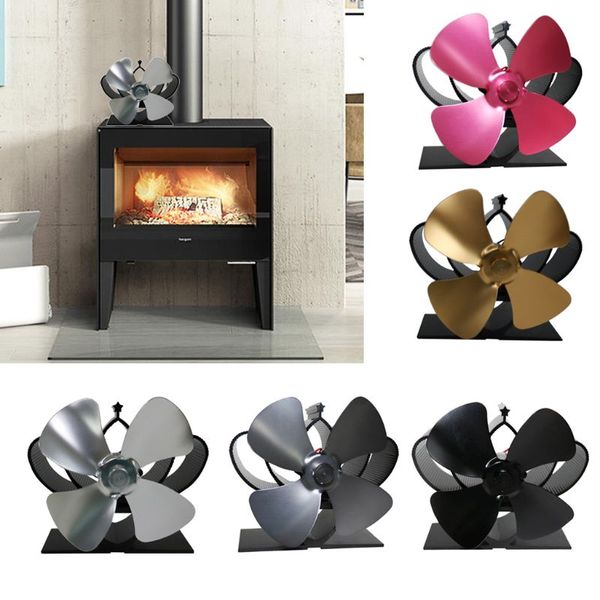 

heat self-powered fireplace stove fan quiet 4 blades aluminum efficiently warm large room wood log burner eco friendly