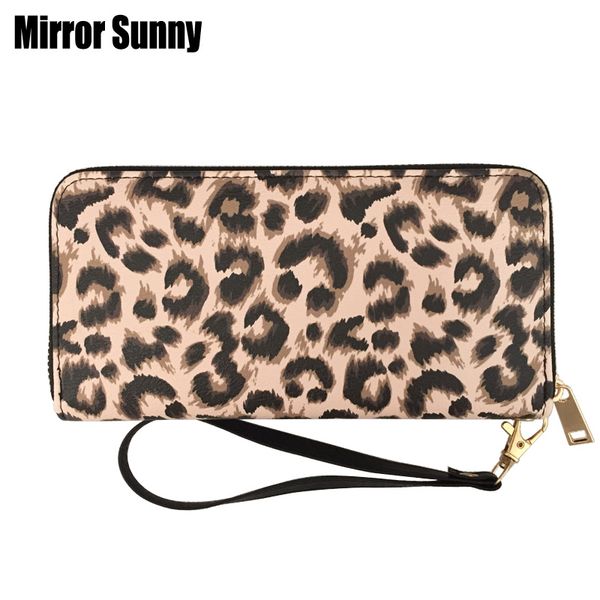 

new fashion leopard print wristband wallet for women ladies long zipper purse female cellphone bag large capacity carteiras, Red;black