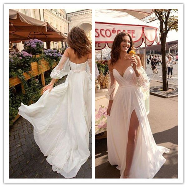 

сексуальные пляжные свадебные платья 2019 милая кружевное богемное свадебное платье с отстегивающимися рукавами и разрезом boho свадебные пл, White