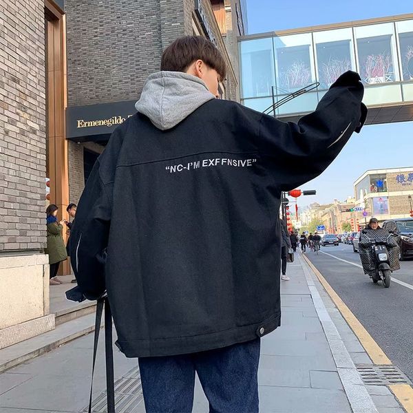 

2019 весна японский стиль мульти-карманы отложной воротник рабочая одежда куртка подросток свободные повседневные пальто мода человек женско, Black;brown