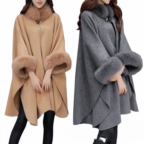

fashion new winter autumn faux fur collar cape shawl cardigan women poncho cape coat gray khaki warm woolen jackets fs5235, Black