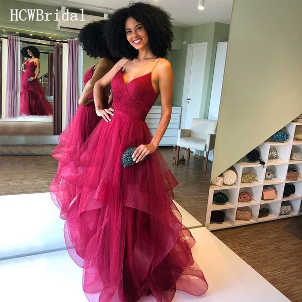 

charming burgundy tiered evening dresses graceful pleat tulle spaghetti strap a line backless prom gowns custom made 2019, White;black